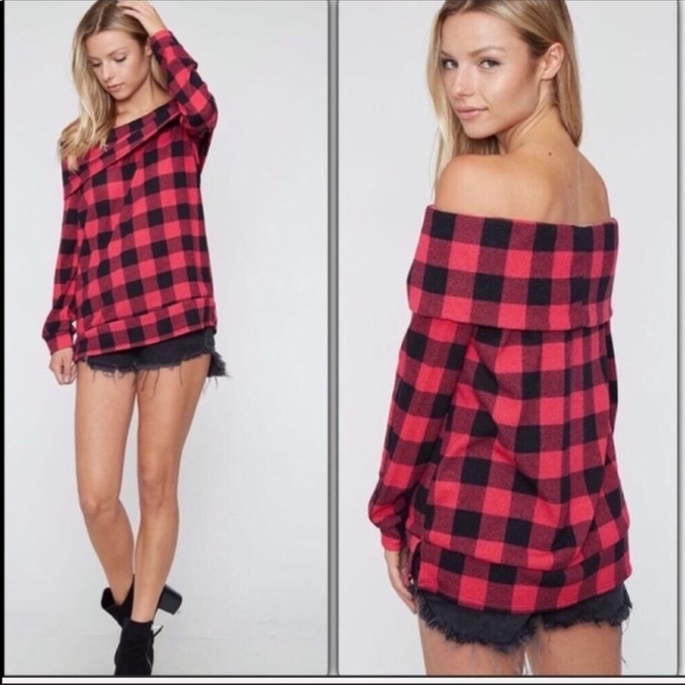 Red and Black Plaid Off the Shoulder Blouse - Picture 2 of 7